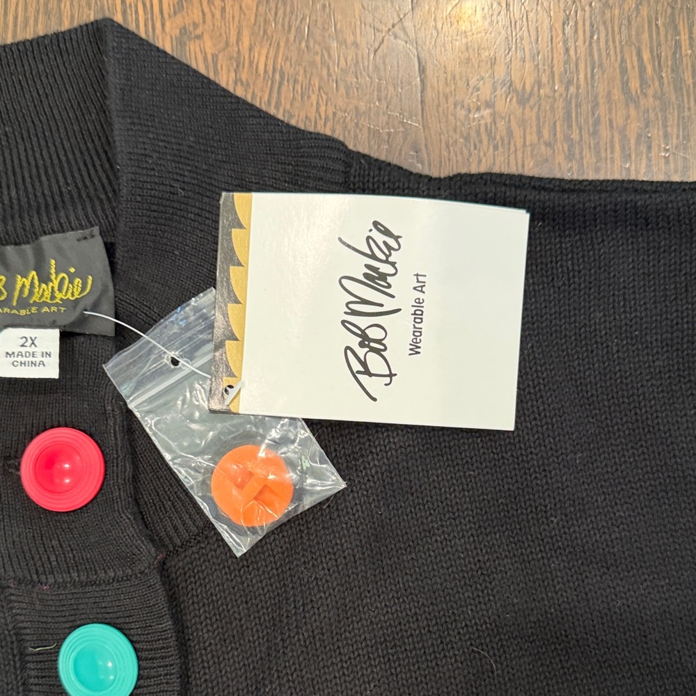 NWT Bob Mackie Black Duster Cardigan with Rainbow Sleeves and Colorful Buttons - Picture 3 of 8